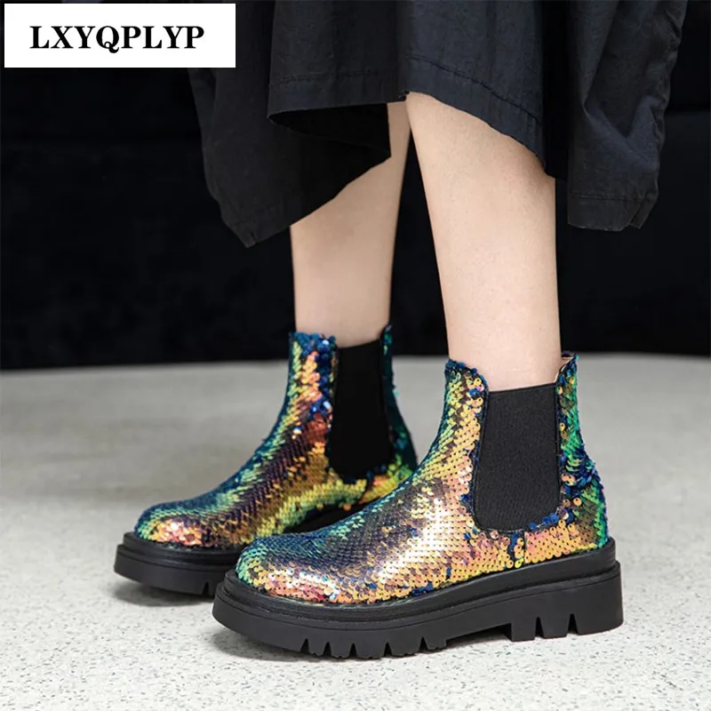 

Блестящие ботинки на толстой подошве, меняющие цвет, для ночного клуба, вечевечерние НКИ, для улицы, новинка, модные трендовые женские короткие ботинки