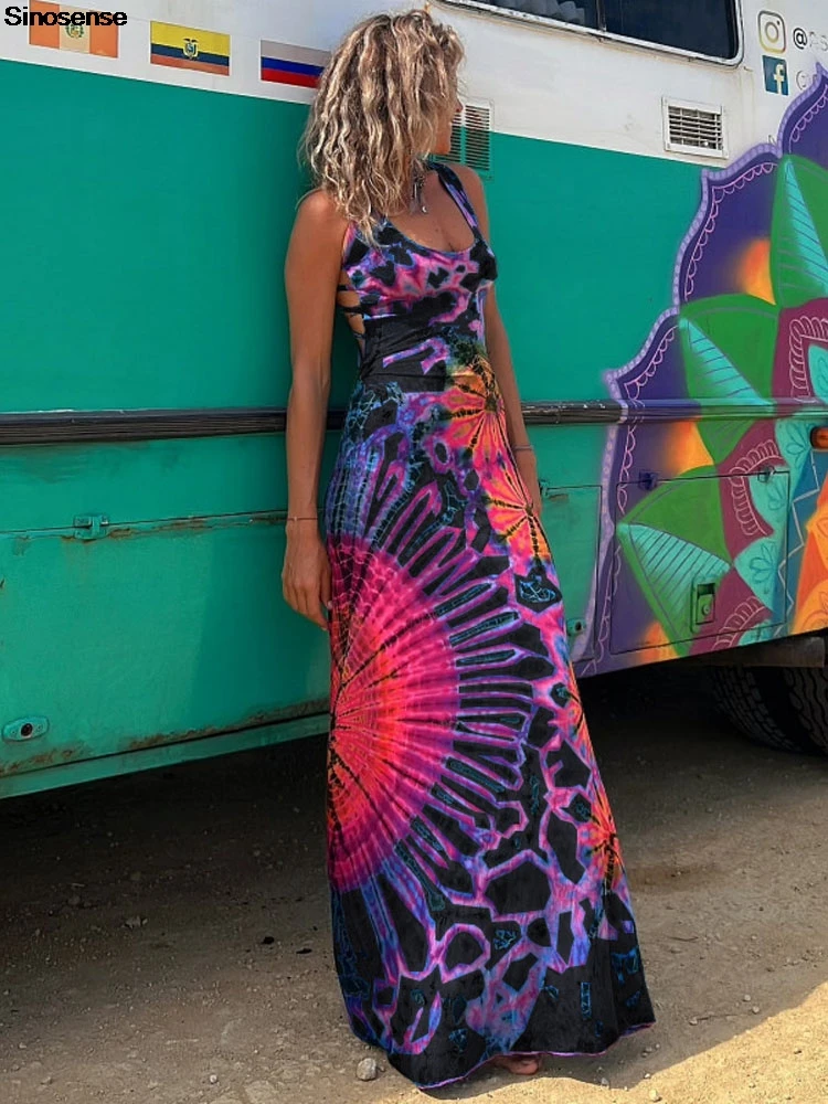 Dames Tie Dye Print Maxi Jurk Sexy Rugloze Criss Cross Terug Zomer Boho Strand Roeping Flowy Jurk Elegante Partij Formele Jurk