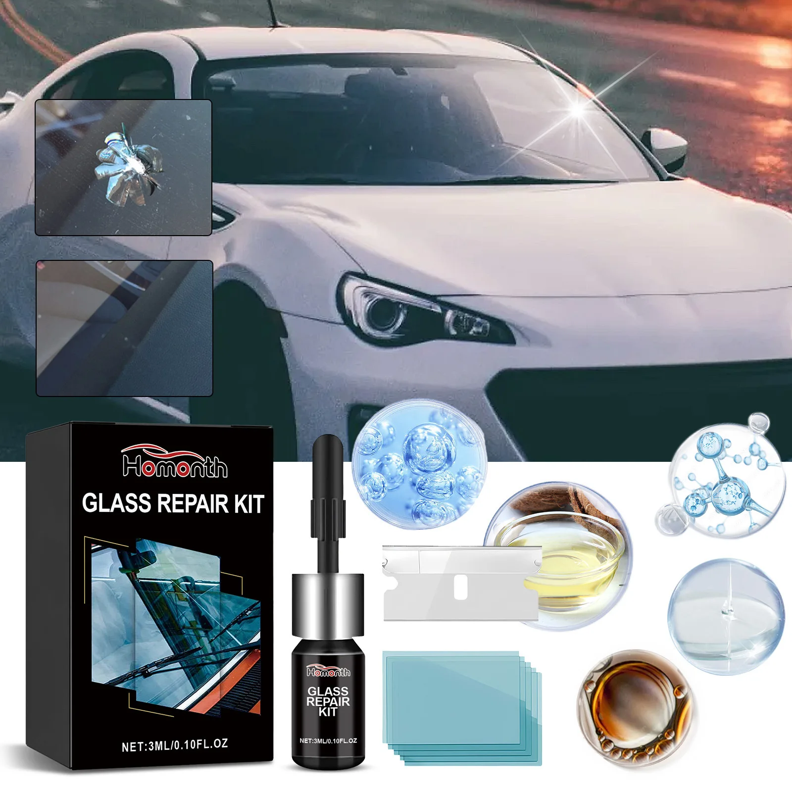 

Professional Windshield Repair Kit for Cars - Fix Chips & Cracks, Includes UV Resin & Tools, Helps Restore Glass Strength (3ml)