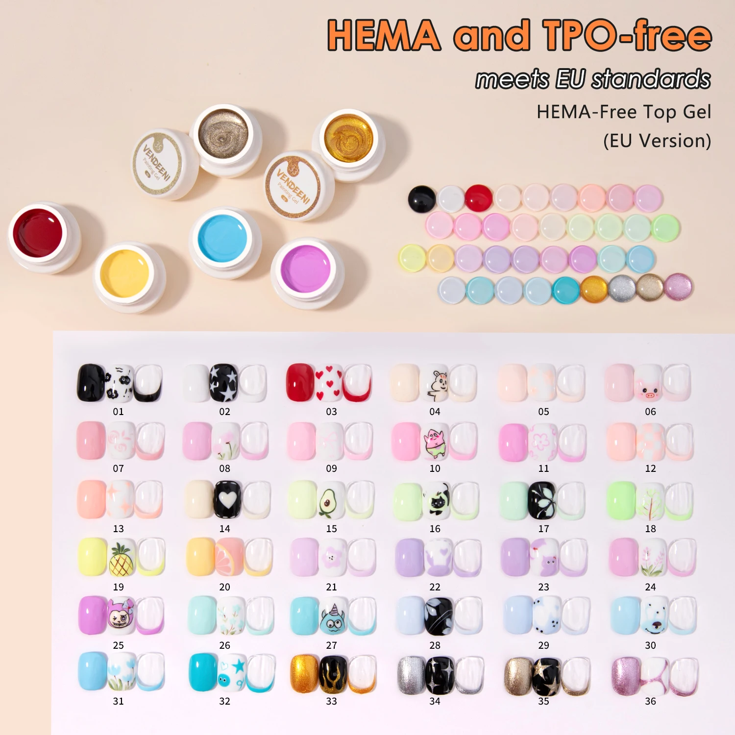 Vendeeni Free Design 36Colors Painting Gel Paint Nail Art Uv Gel Polish Free TPO HEMA OEM/ODM Private Label Uv Led Painted Gel