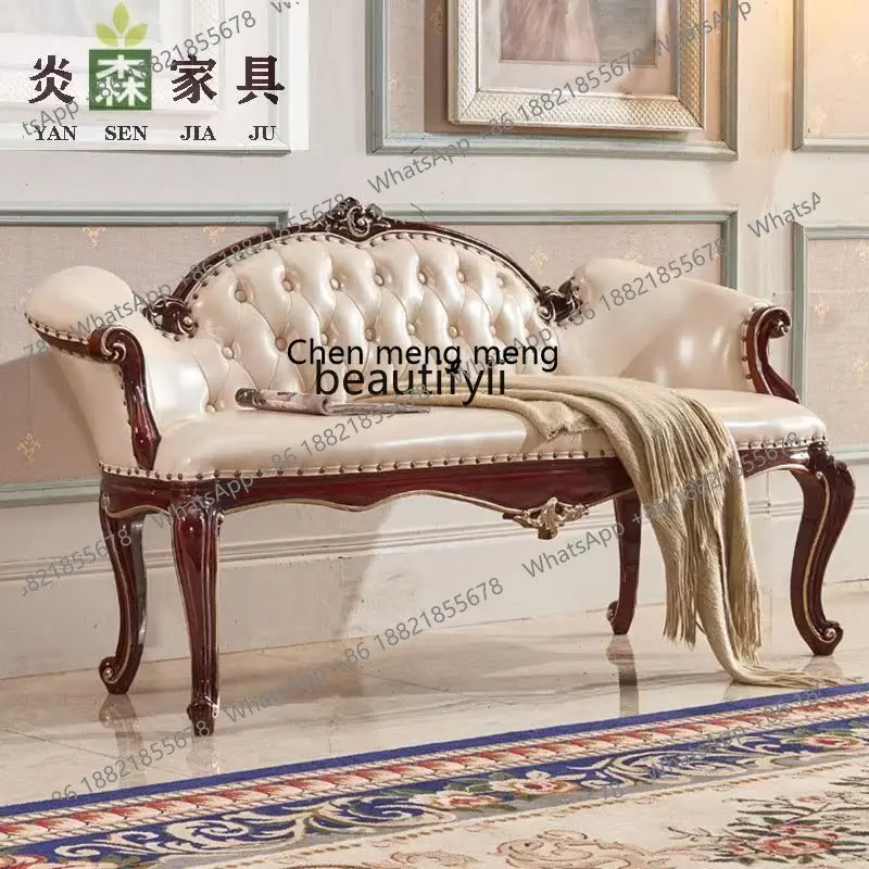 z183 Solid wood bedside stool luxury leather French engraved gold pull button bedside sofa stool
