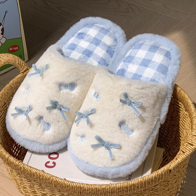 Fashion Women's Bow Slippers Winter Indoor Home Warm Non-Slip EVA Thick Bottom Couples Shoes Plush Soft Sole House