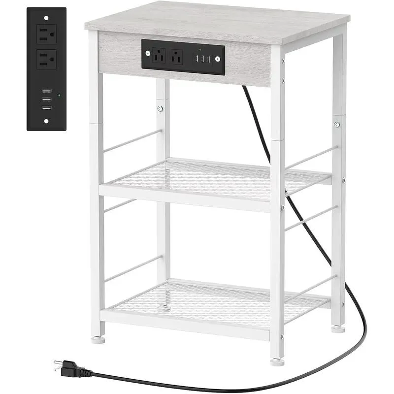 Modern Wooden End Side Table with USB Port and Socket for Bedroom Living Room Hotel Simple Iron Frame Design