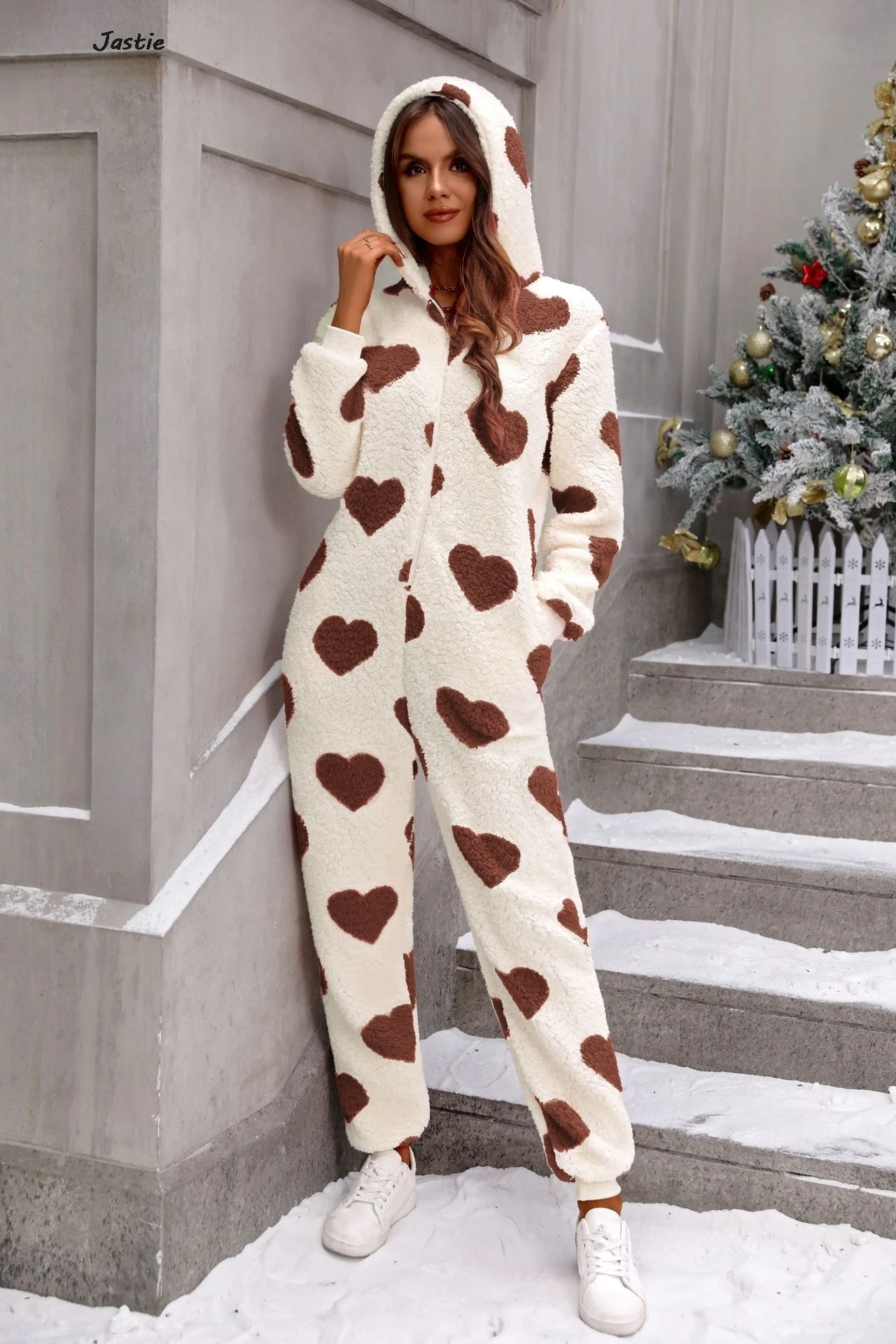 2024 New Autumn Winter Women Plush Love Print Valentine Day Warm Hooded Jumpsuit Causal Sleepwear Homewear