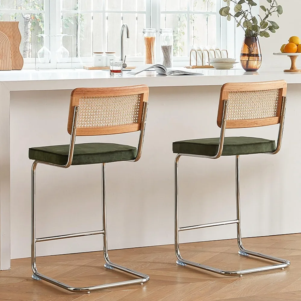 Rattan Bar Stools Set of 2 with Solid Wood Back, 24 Inch Mid Century Modern Counter Height Stools, Green Upholstery Boho