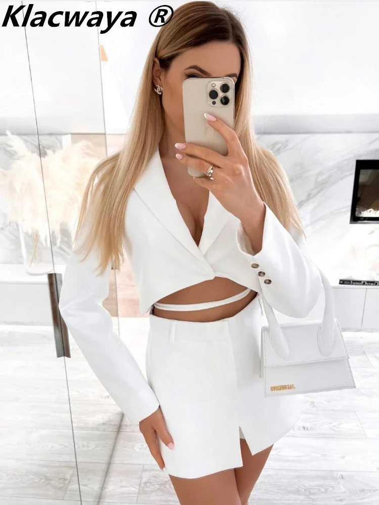 Klacwaya Fashion Woman Blazer 2022 Women's Clothing White Blazers Cropped Jacket Casual Blazer Woman Coat Bow