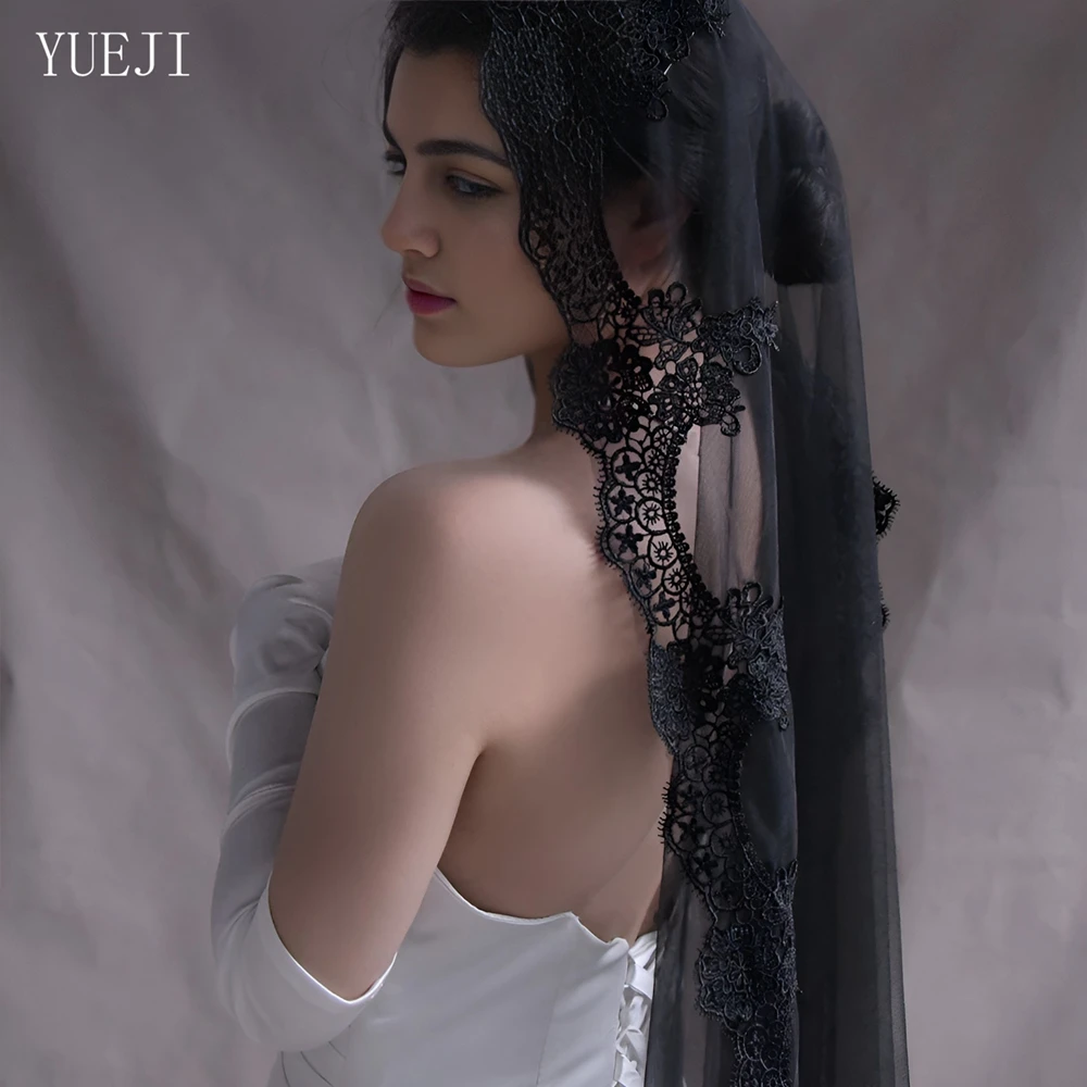 YUEJI 신부 더블 레이스 엣지 블랙 베일, 긴 손가락 신부 웨딩 액세서리, Vestido De Novia 2024 De Buena Calidad YJ224