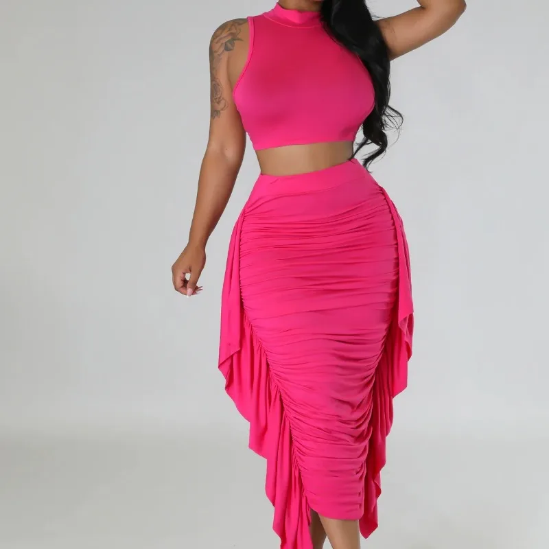 Summer New Women's Sexy Solid Tight Open Navel Tank Top & Ruffle High Waist Skirt Set Female Fashion Skinny Short Pants Outfits