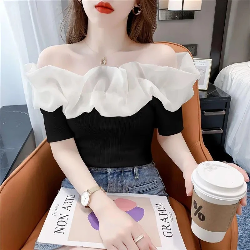 Women Slash Neck Shirt Korean Sexy Off Shoulder Patchwork Short Sleeve Female Blouse Fashion New Ruffles All Match Ladies Shirt