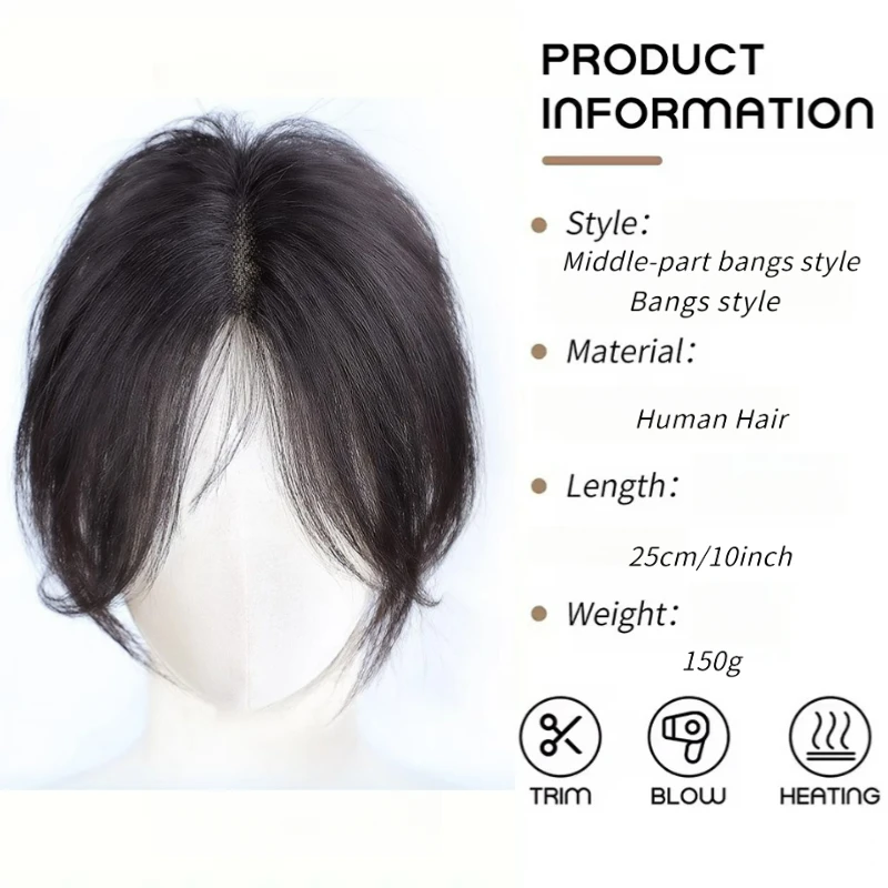 100% Remy Human Hair Air Bangs With Middle Part Traceless Easy Clips in Bangs With Invisible T-Shaped Forehead Fringe Inner Mesh
