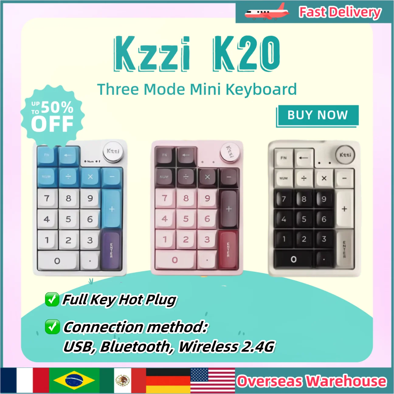 

Kzzi K20 Мини-клавиатура, трехрежимная Bluetooth-беспроводная клавиатура, прокладка, механическая клавиатура, аксессуар для офисного компьютера, ПК, подарок для человека