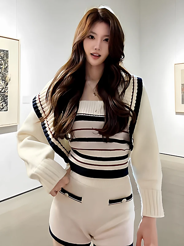 

Spring 2026 Women's Beautiful Large Collar awl Cardigan Knitted Tube Top Vest Set Casual Slim Fit Comfortable Breathable