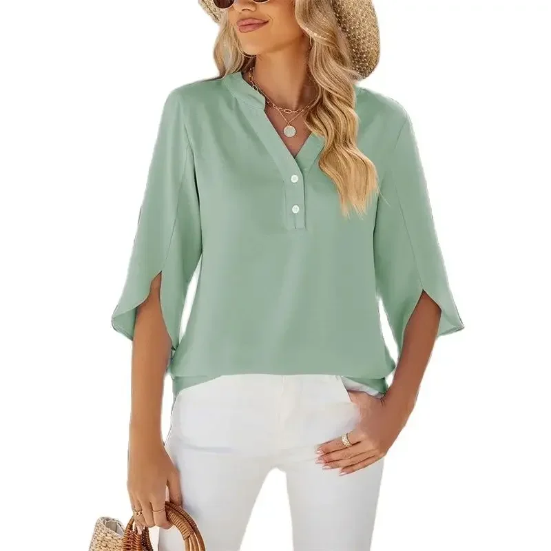 

Elegant V Neck Button Splice Chiffon Shirt Women Solid Color Half Sleeve Pullover Blouse Summer Casual Commuter Female Tops 2024