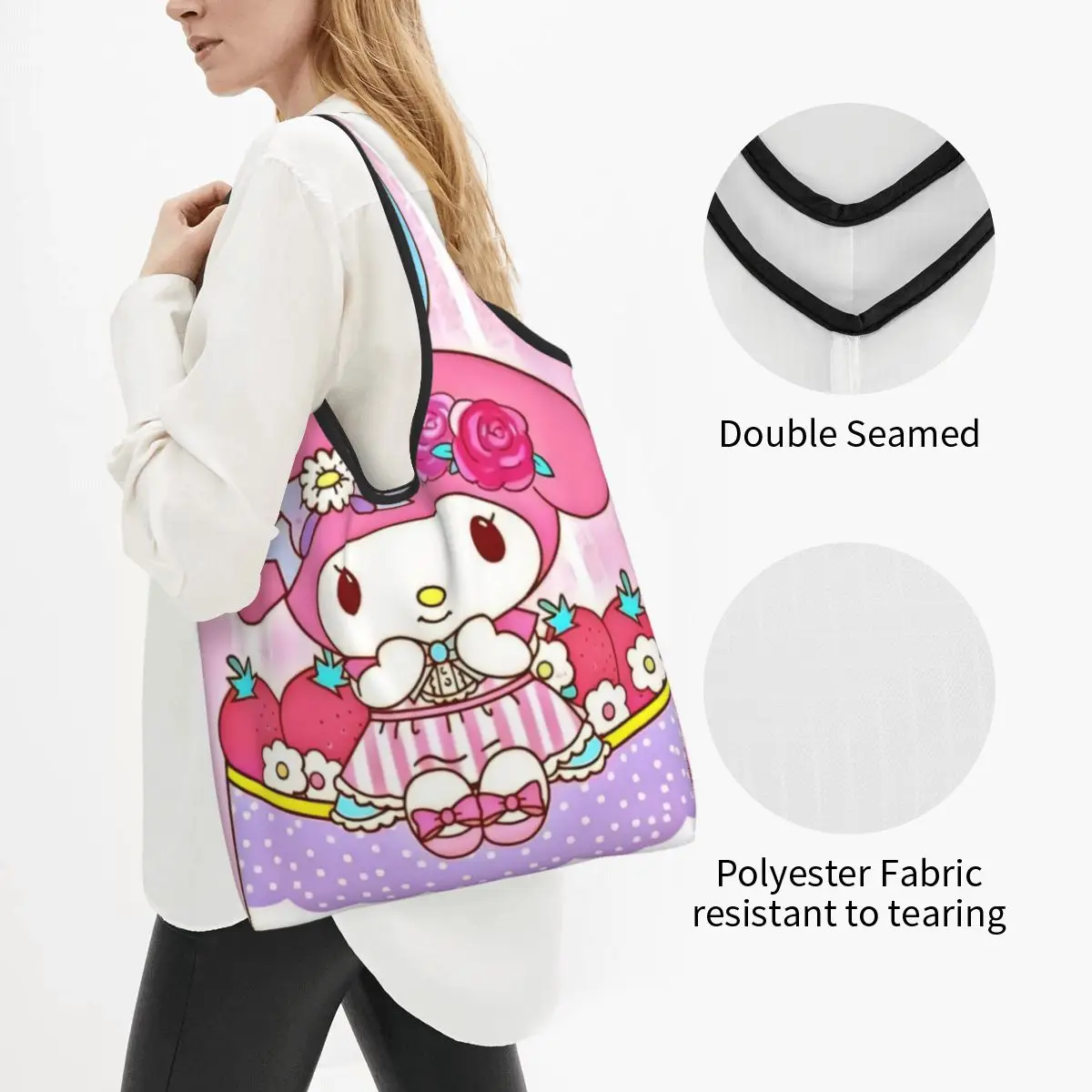 Custom Cartoon My Melody Sanrio Japan Anime Shopping Bag Women Portable Large Capacity Groceries Shopper Tote Bags