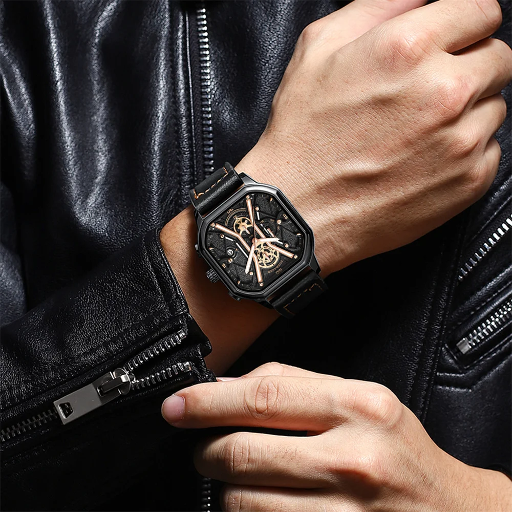 POEDAGAR Fashion Square Dial Chronograph Quartz Watch Men Luxury Leather Waterproof Luminous Date Men Watches Relogio Masculino