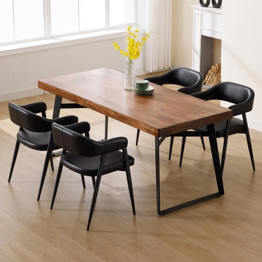 مجموعة من 4 كراسي طعام حديثة من الجلد الأسود في منتصف القرن مع أرجل معدنية سوداء ومساند ظهر منحنية