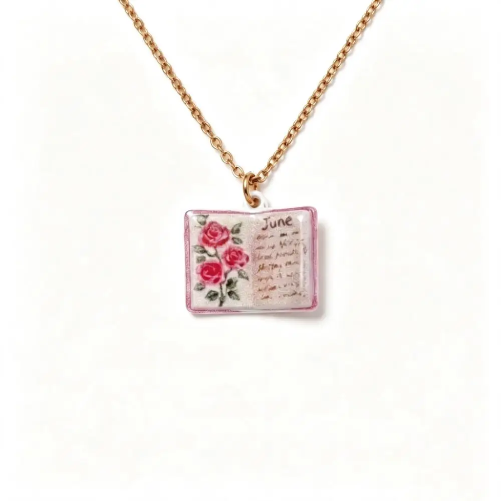Antique Porcelain Book Pendant Necklace Copper Design Vintage Style Book Necklace Hand-painted Design Sense