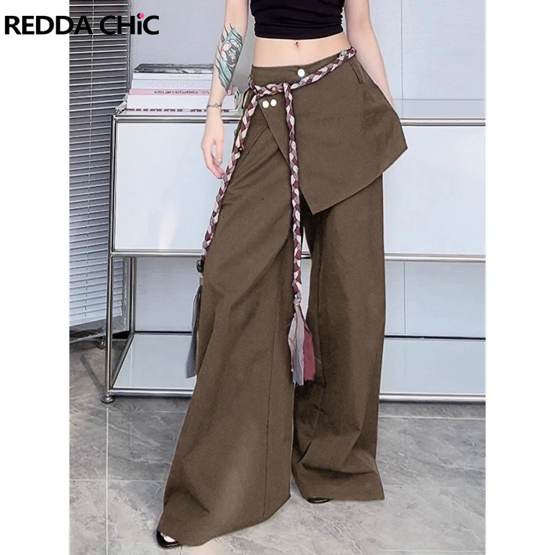 

ReddaChic Юбка с запахом Широкие джинсовые брюки для женщин Уличные винтажные свободные повседневные однотонные коричневые джинсы из двух частей