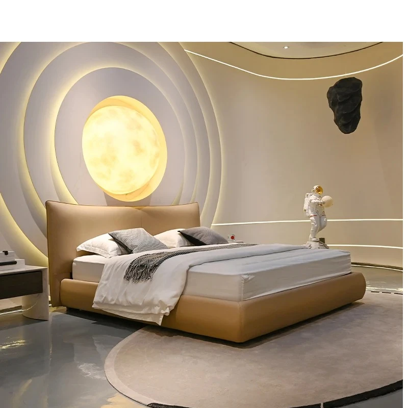 minimalist/imported first-layer cowhide/master bedroom suspended soft leather double bed