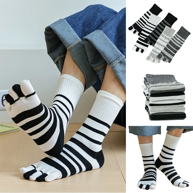 1 Pairs Man 5 Finger Socks Cotton Classic Black White Stripe Zebra Toe Sport Socks Anti-odour Sweat-Wicking Five-Toe Split Toe