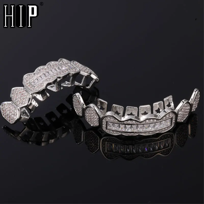 Hip Hop Full CZ Baguette Stones Teeth Grillz Caps Cubic Zircon Iced Out Micro Pave Top&Bottom Charm Grills For Men Women Jewelry