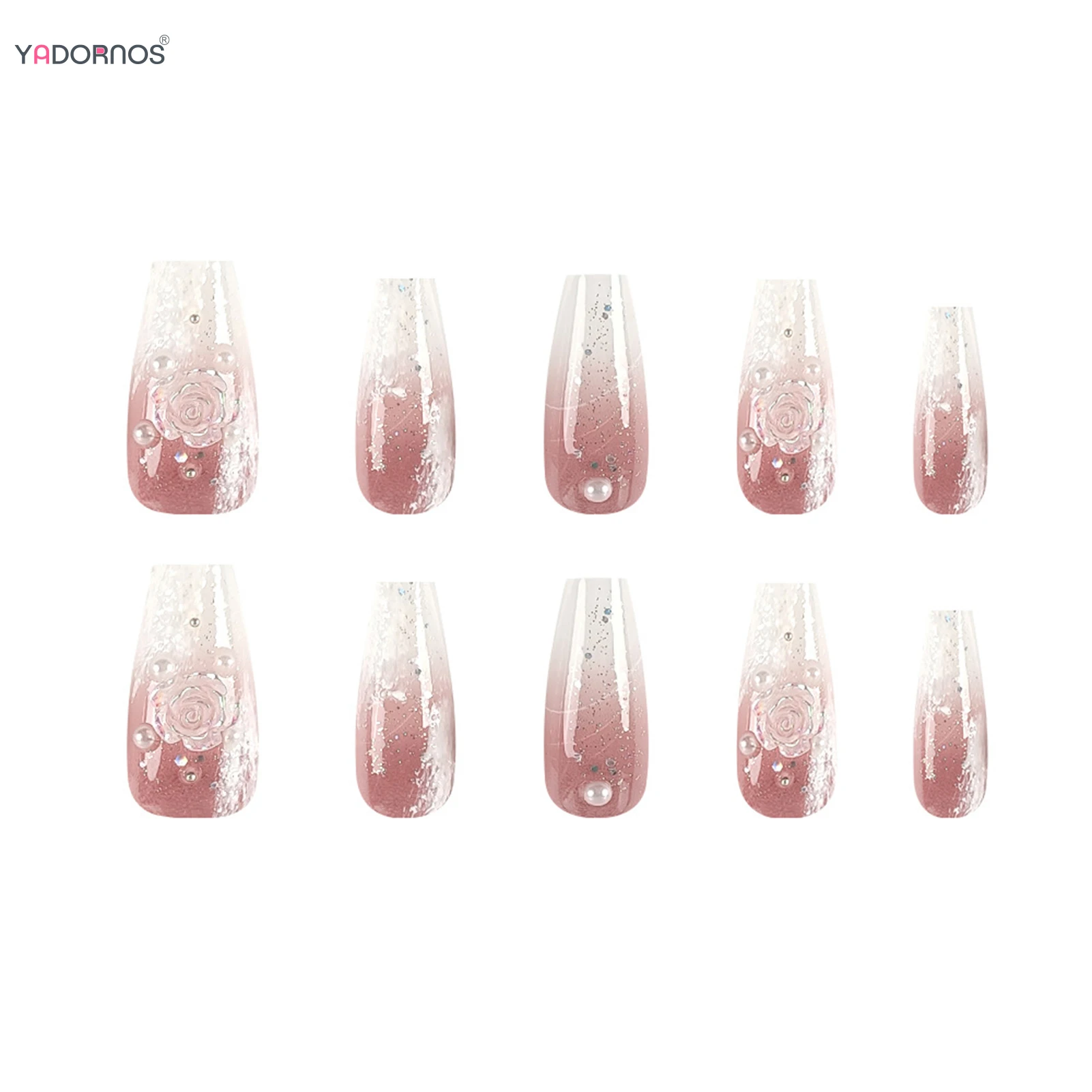 Unhas postiças rosa conjunto com desenhos de camélia e pérolas, feitos à mão, pressione, unhas, longo, balé, wearable, 10pcs