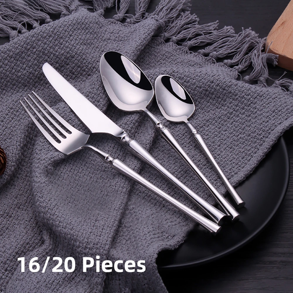 12/16/20 Pieces Stainless Steel Western Tableware Knife Fork Spoon Set Gold Cutlery Set Black Dinnerware Mirror Kitchen Utensils