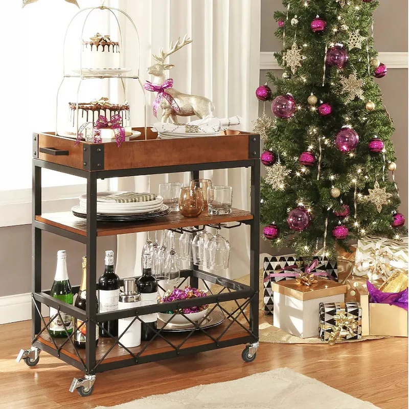 Bar Wine Rack Cart Kitchen food truck Serving Buffet sideboard with Wine Rack Glass multi function cart three tier Holder