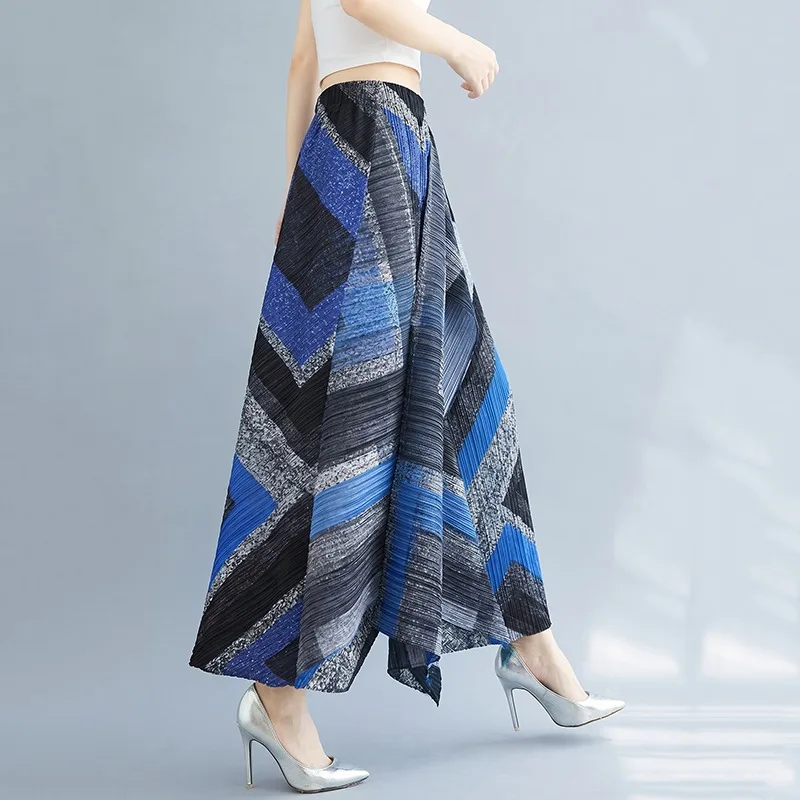 

Spring Summer Casual Comfortable Wide Leg Pants Pleated Loose Fit Versatile Skirt Pants Geometric Pattern Natural Waist Elastic