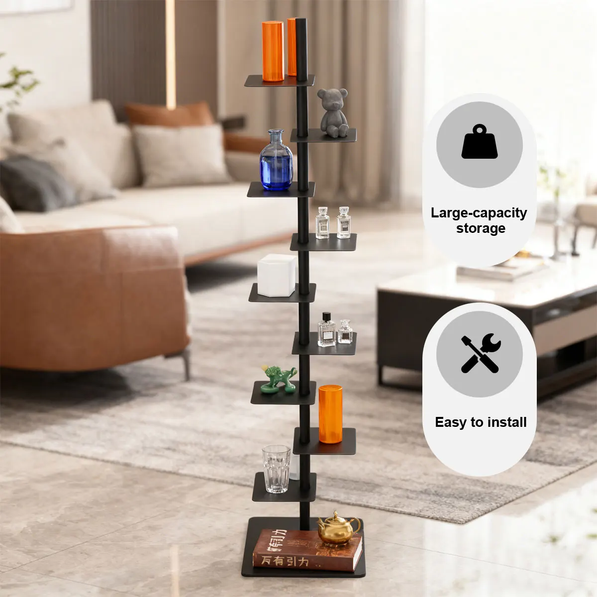 Libreria verticale in metallo a 9 ripiani, modello fai-da-te, con design aperto e angolo di installazione regolabile, capacità di 60–90 libri, include accessori per il montaggio, ideale per camera da