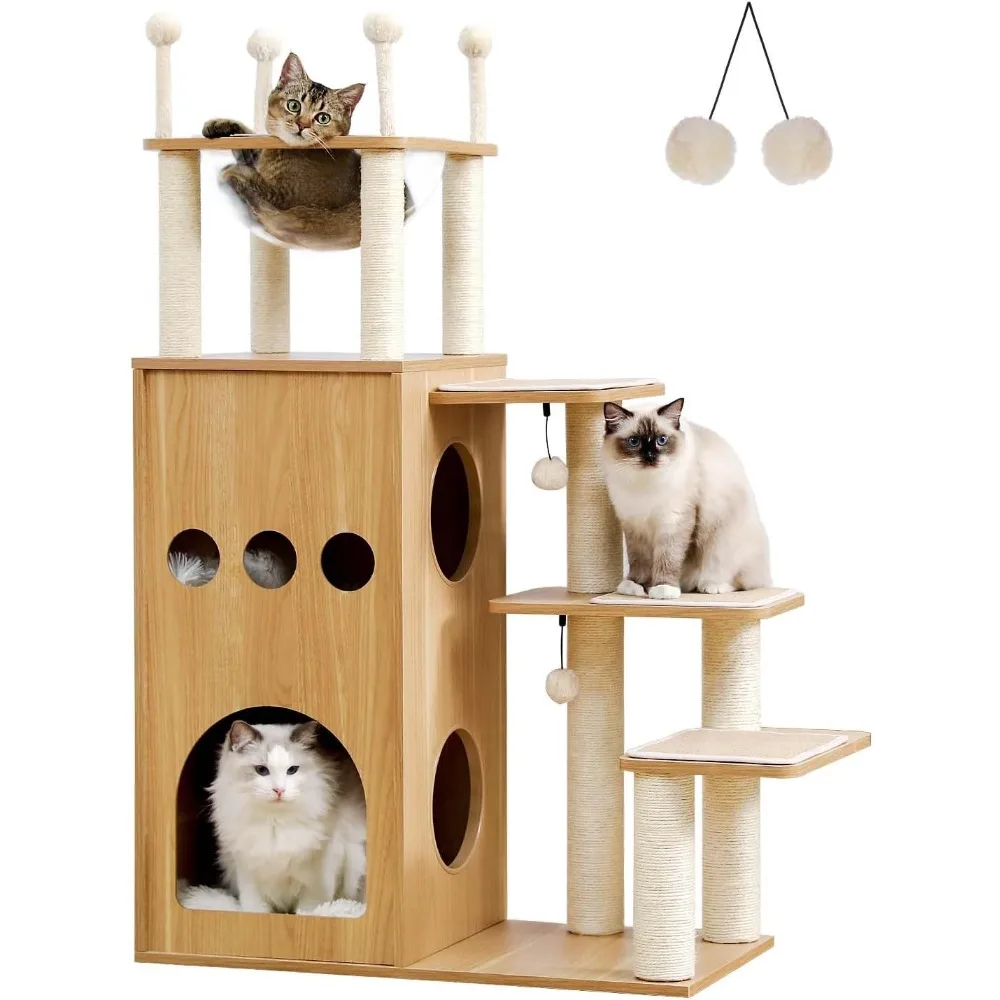 

Wooden Cat Tree, 50" Modern Cat Tower with 2-Floor Condo, Cat Furniture Sisal Scratching Posts, Capsule Nest and Dangling Balls