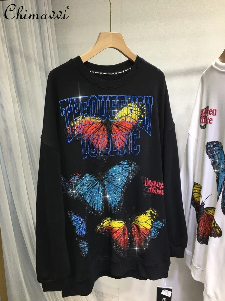 

European Heavy Hot Diamond Sweatshirts Women 2024 Autumn and Winter New Fashion Round Neck Loose Mid-length Large Size Top