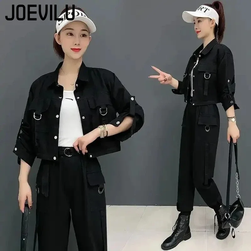 JOEVILU 2PCS Streetwear Tracksuit Cargo Coat Casual Pants 2 Piece Sets Women\'s Outfits Spring and Autumn Korean Fashion Y2k Suit