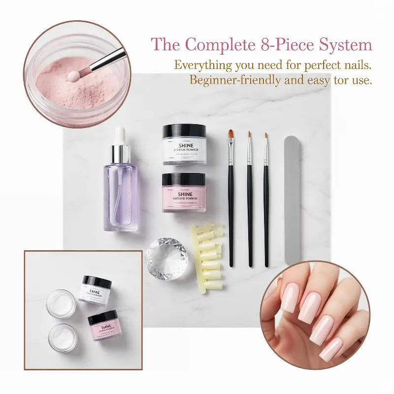 10pcs Acrylic Powder Nail System Set Complete with Clear Nude Pink Monomer Liquid for Acrylic Nail Extension French DIY Kit