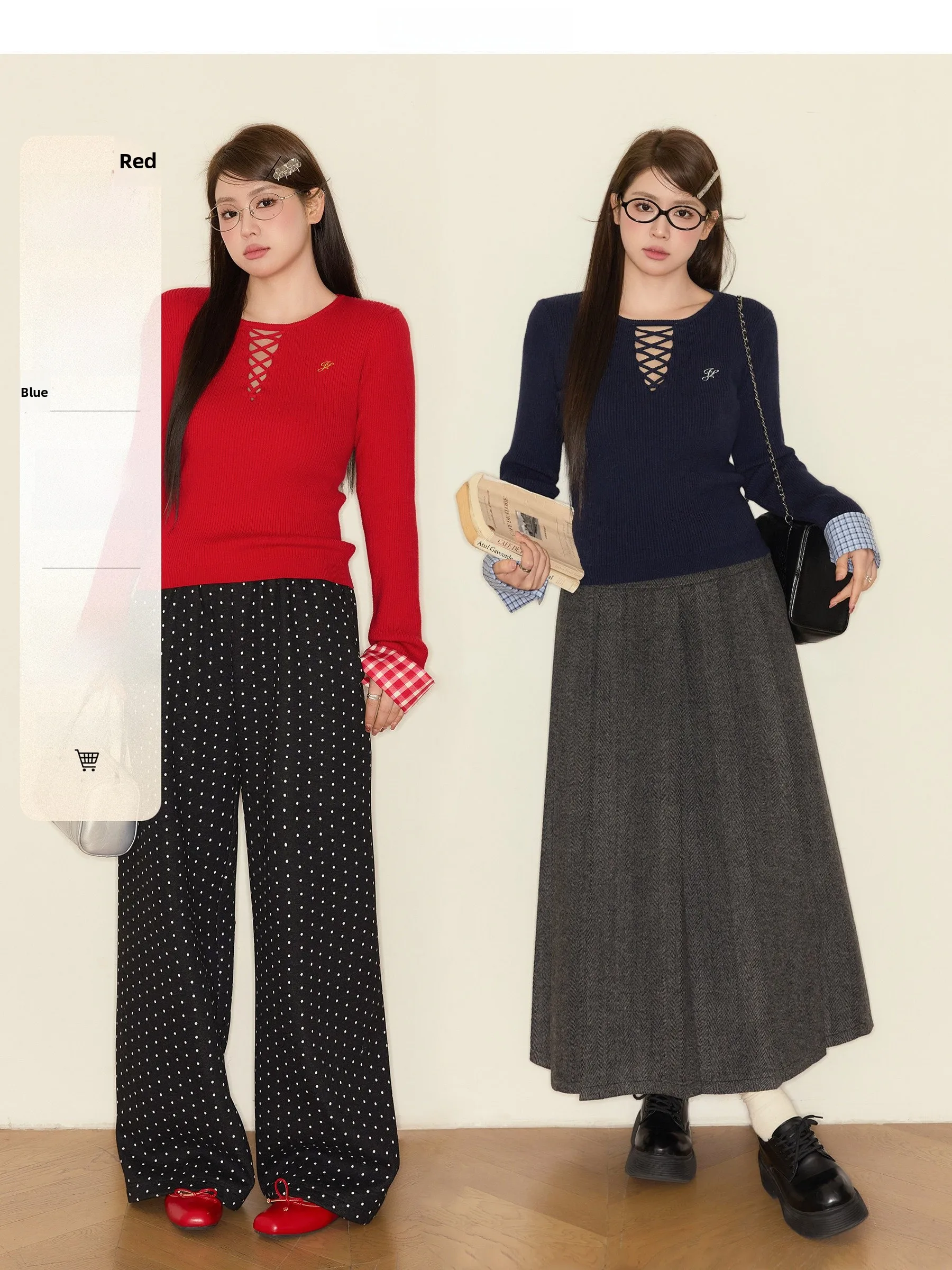 

Red And Blue Cp out Knitted Sweater plus Size Top Hollow out Design Neline Splicing Pattern for Plump Women by Juxiu Studio