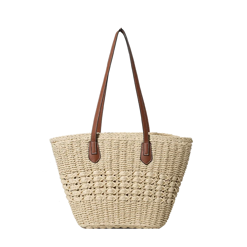 Straw Woven Large Capacity Shoulder Bags Zipper Solid PU Straps Simple Fashion Handbags for Women 2024 Casual Versatile Tote