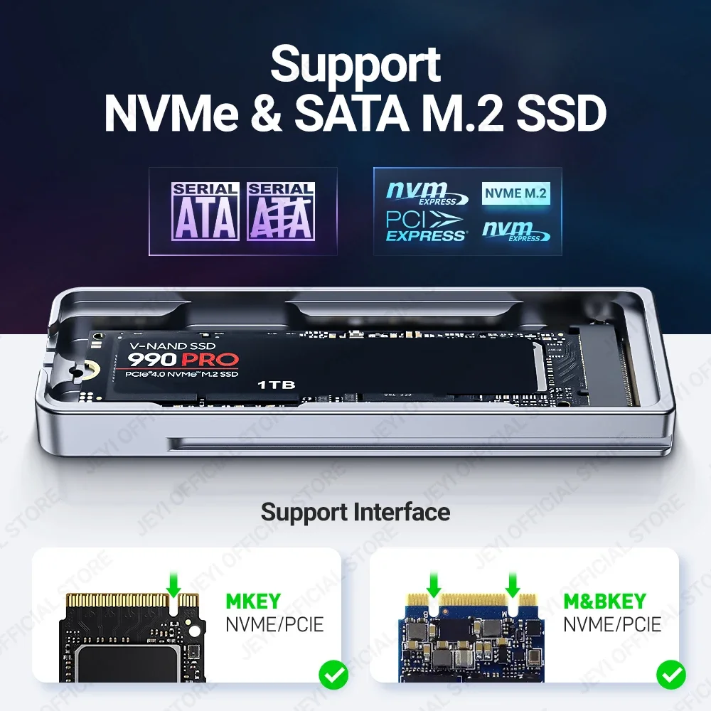 JEYI M.2 SSD Reader, NVMe & SATA to USB-C PCIe SSD Docking Station USB 3.2 10Gbps Solid Disk Adapter With Write Protection