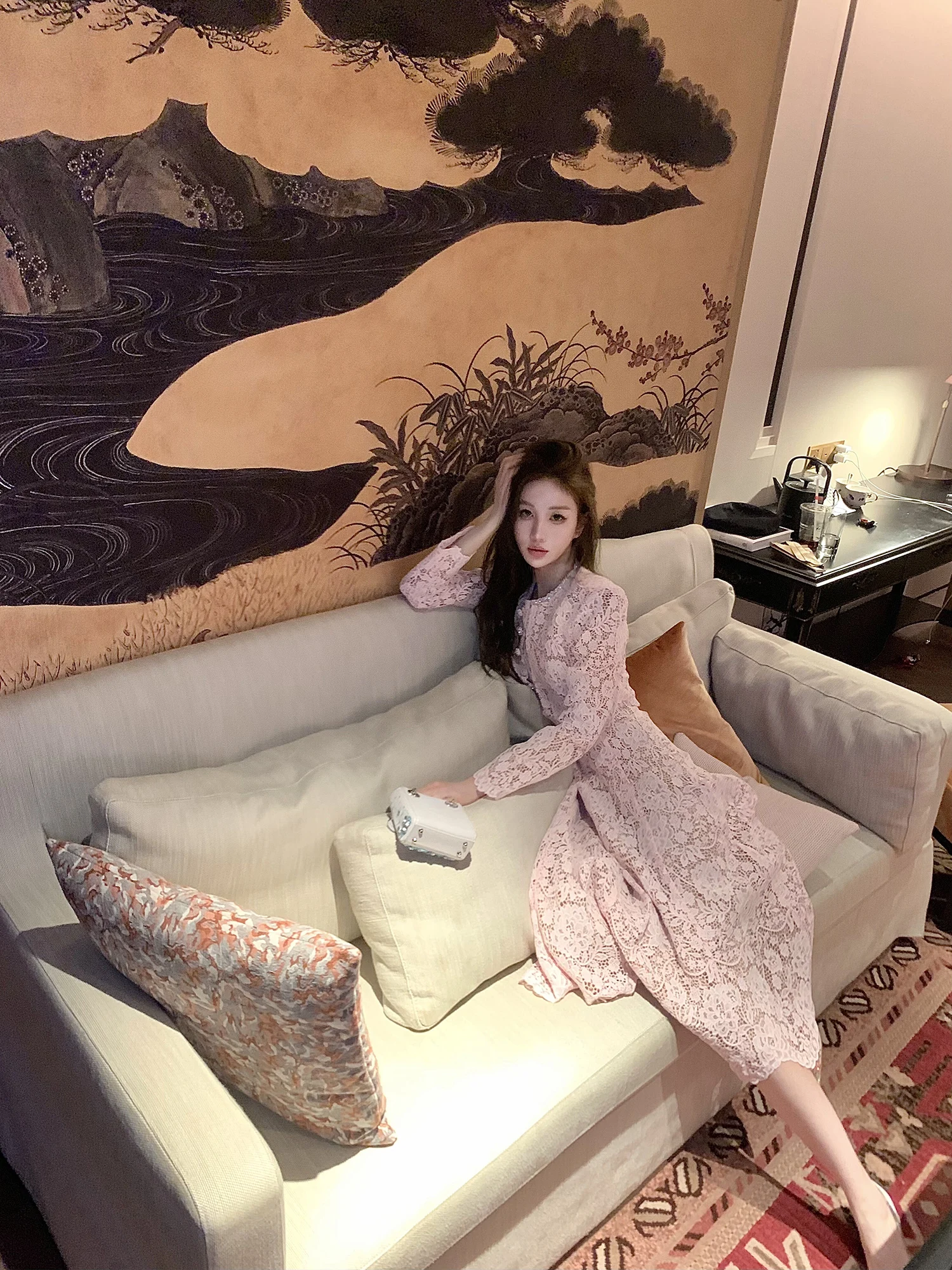 

Pink Lace Decorated Long Sve Open Cardigan Dr Autumn Winter Ele Sle Women's Faion Casual round Ne Dr