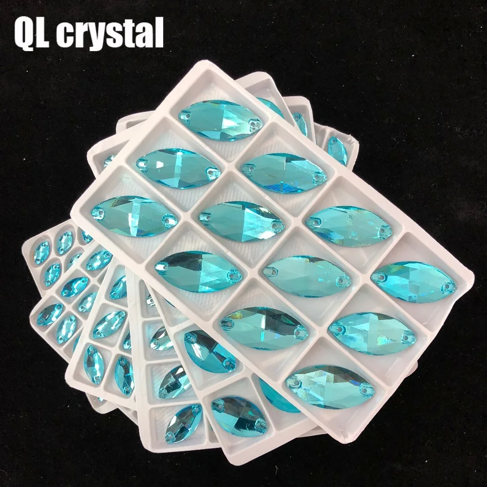 ALL Size Lake Blue Navette Sew on Crystal Rhinestones Flatback Marquise Sew on stone for Making wedding DIY  bags shose