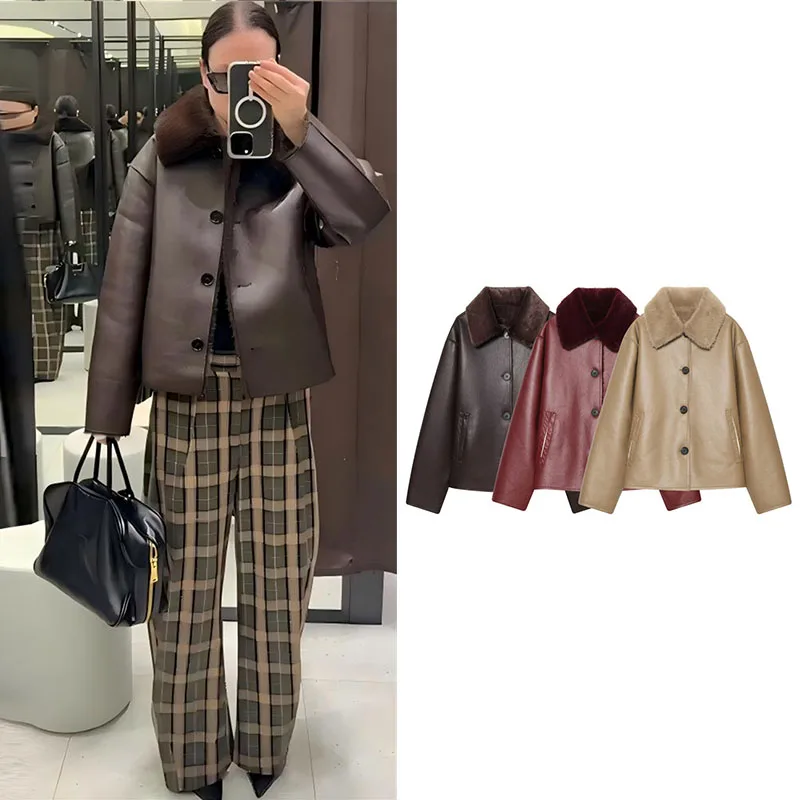 Guobioziy Women's Coat 2026 Autumn/Winter New Style with Fur Collar  Faux Leather and Fur Combined  Three Retro Colours