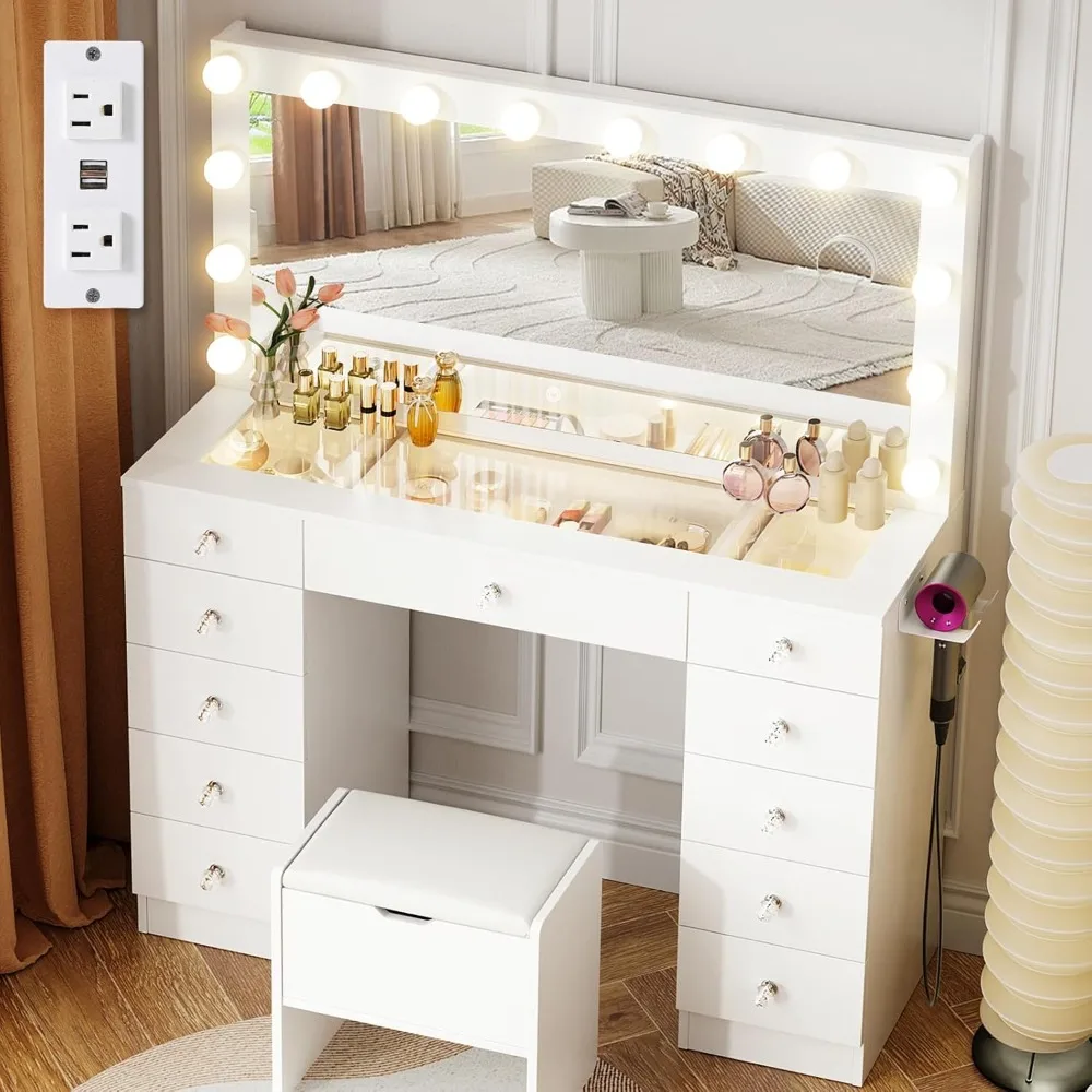 

Vanity with Lighted Mirror - Makeup Vanity Desk with Glass Top and 11 Drawers, Hollywood Style Dressing Table w/3-Way Lighting &