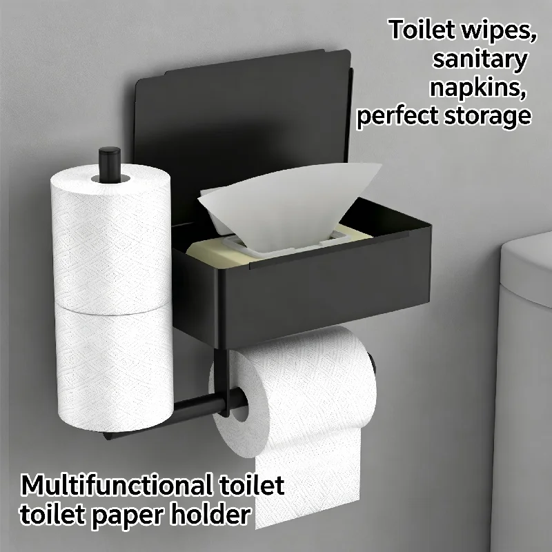 

No Drill Stainless Steel Toilet Paper Holder with Wipe Box, Bathroom Wall Mounted Tissue Holder and Storage Rack for Roll Tissue