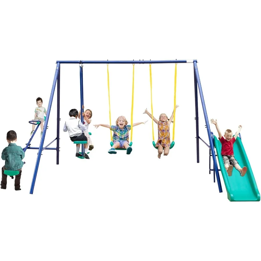 

5 in 1 Metal Swing Set for Backyard with Slide Teeter-Totter Swing Glider Heavy-Duty A-Frame for 3-8 Weather Resistant Durable