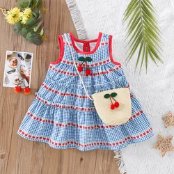 Summer Girls Dress With Heart-Shaped Checkered Print Cherry Crossbody Bag Baby Girls Dress (0-4 Years Old)