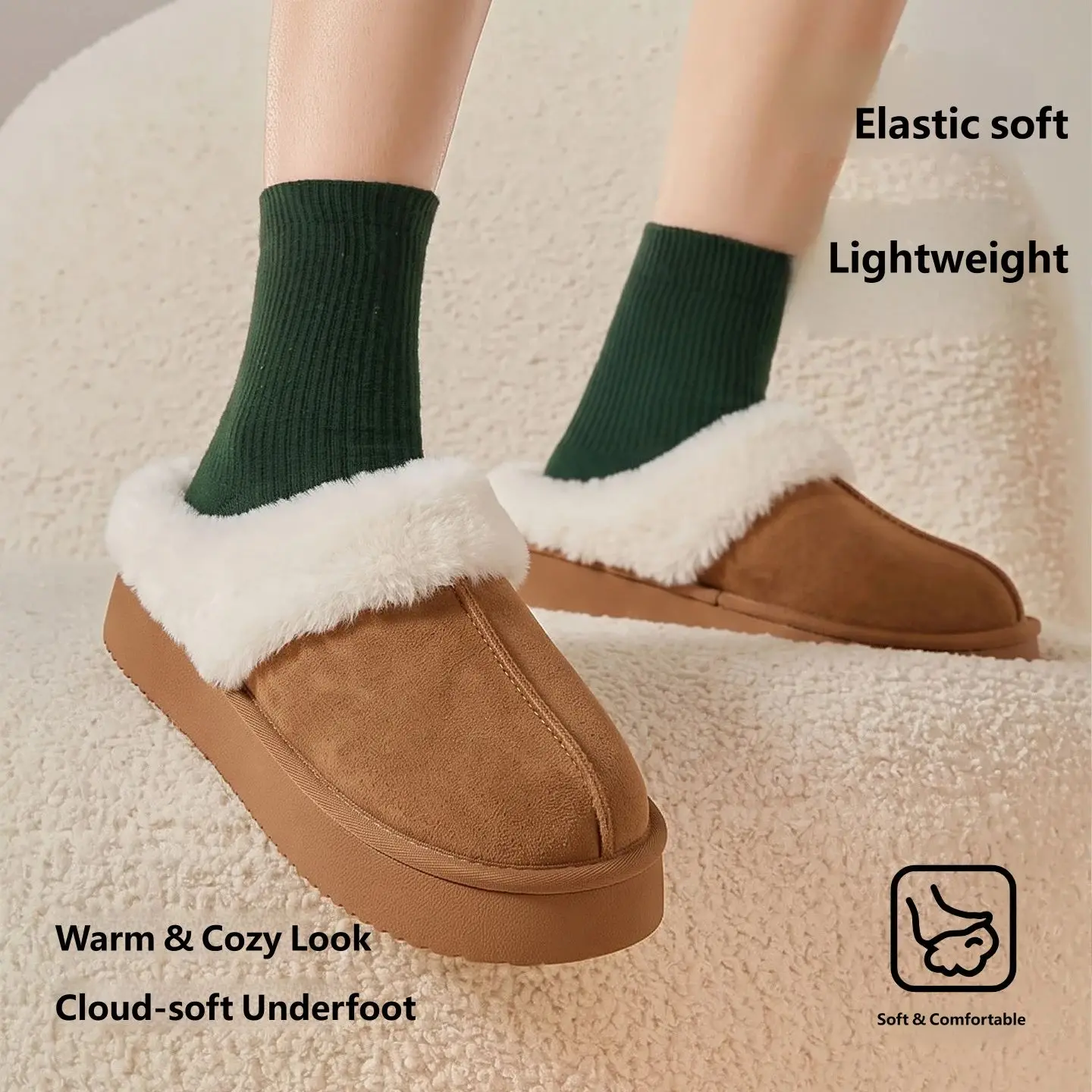 Men's Warm Furry House Slippers Winter Thick Plush Lining Non‑Slip Platform Sole Indoor Home Cotton Slippers