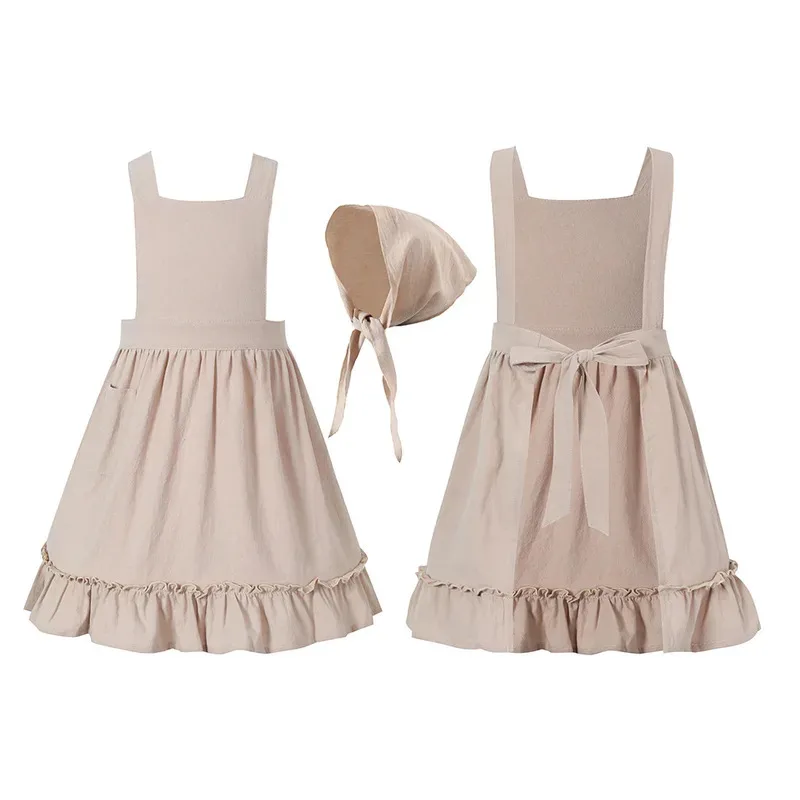 Umorden 4-10Y Kids Child Girls Khaki White Lace Ruffle Apron Bonnet for Pilgrim Girl Village Farm Pioneer Prairie Maid Costume view 3