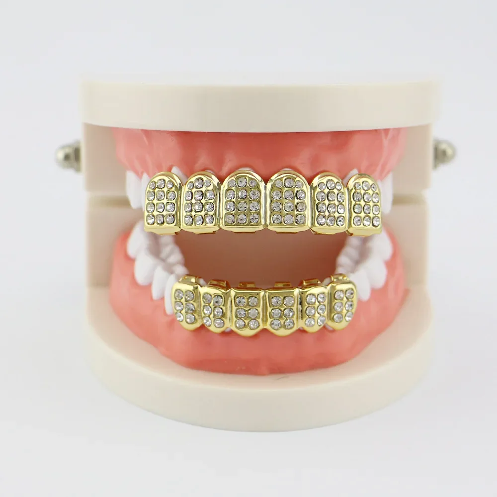 18K Gold-Plated Colored Diamond Hip-Hop Braces Grills for Men and Women with Diamond inlaid Six Tooth Vampire fangs Accessories