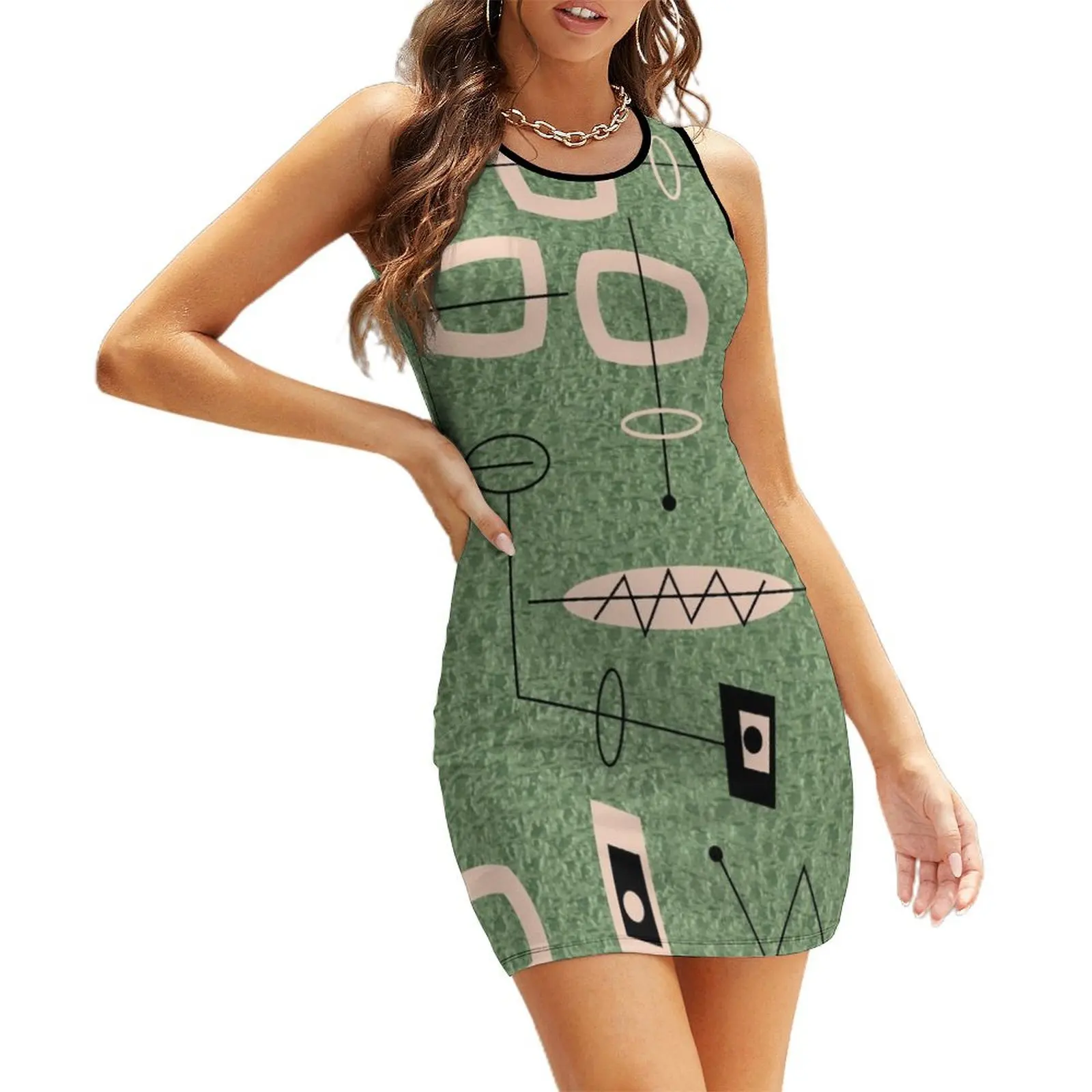 

Mid-Century Modern Green Abstract Sleeveless Sundress party dresses woman Dress for girls women's evening dress 2025