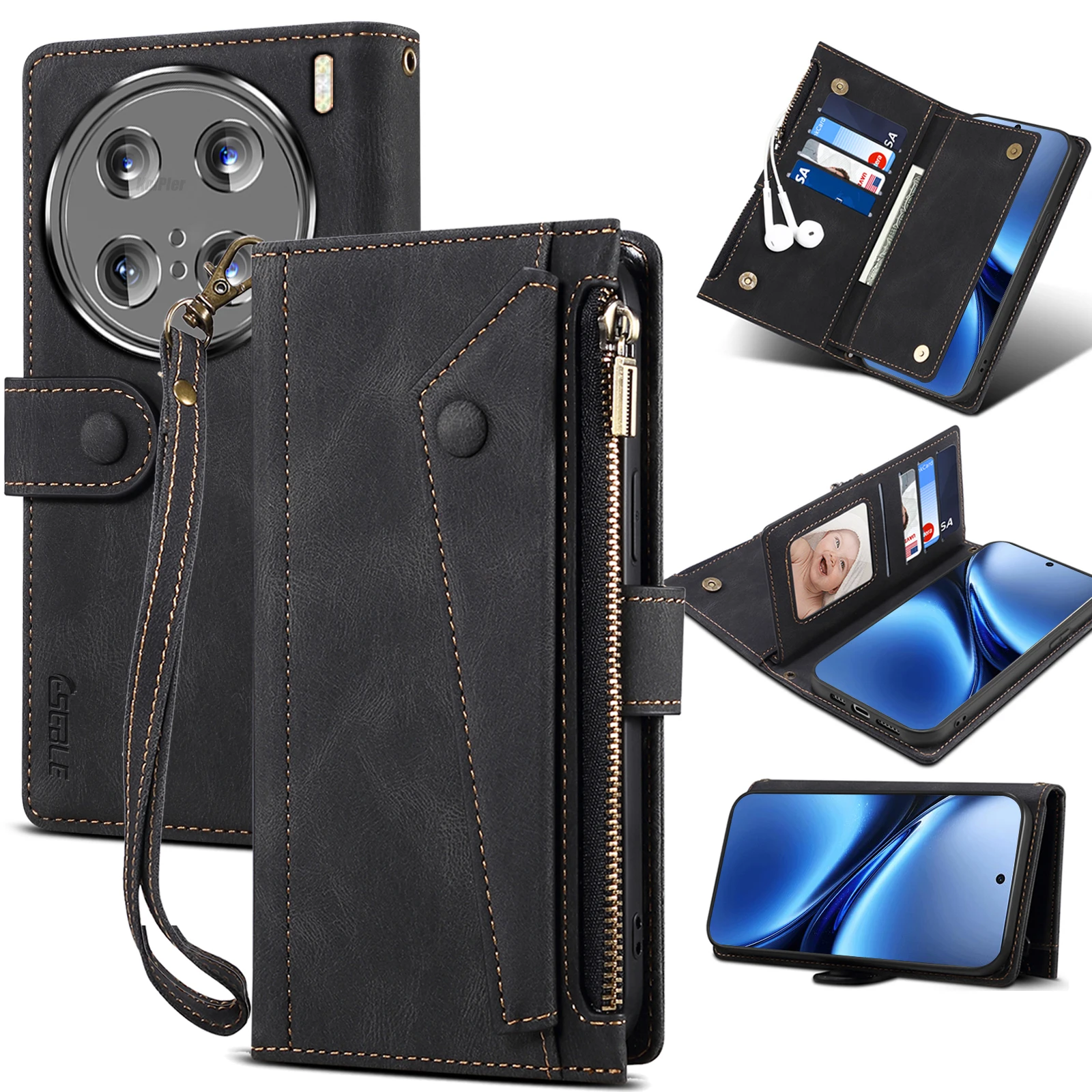 Wallet Flip Leather Case For VIVO X300 PRO / X300PRO Mobile Phone Case For Rope Luxury Zipper Cover Smartphone Casing
