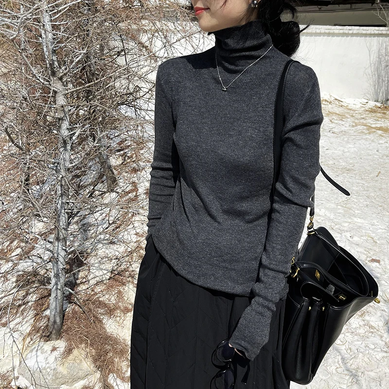 

High Ne Long Sve Knit Top Women's Faion Slim Fit Inner Wear T-irt Korean Sle Commute Pure Color Winter Season